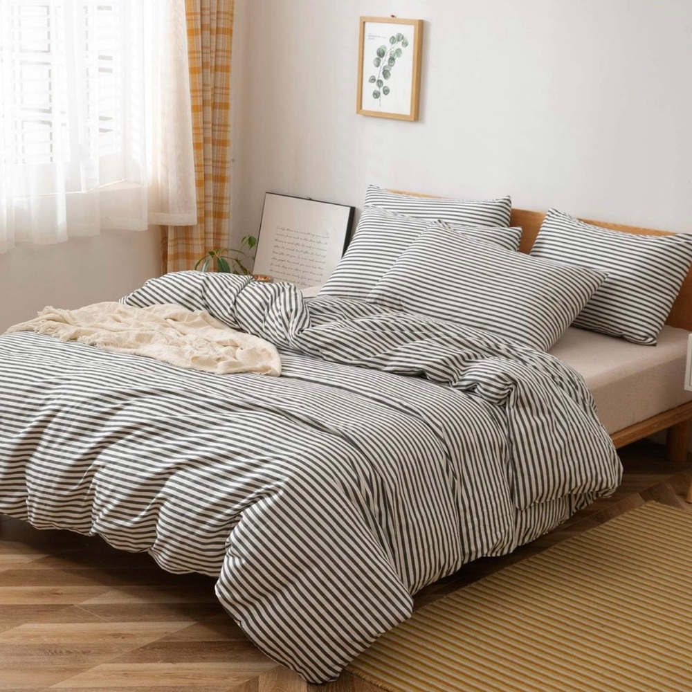 JELLYMONI 100% Natural Cotton 3pcs Striped Duvet Cover Sets,White Duvet Cover